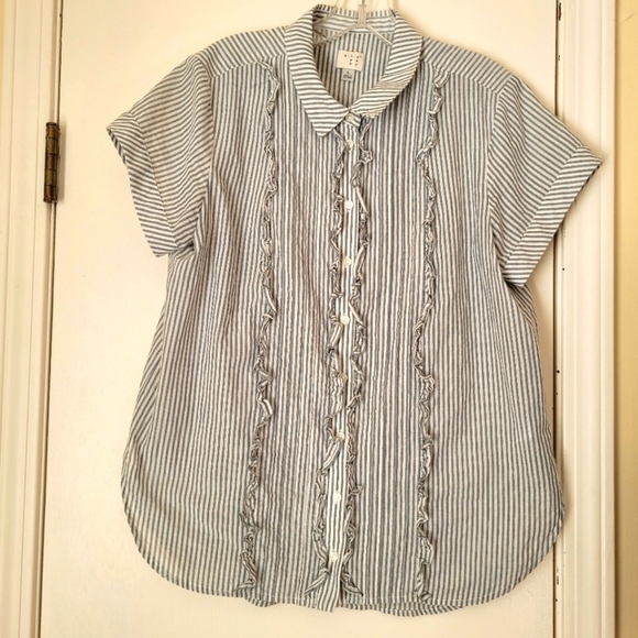A New Day gray white stripe button up top ruffle short sleeve metallic girly L - Picture 7 of 13